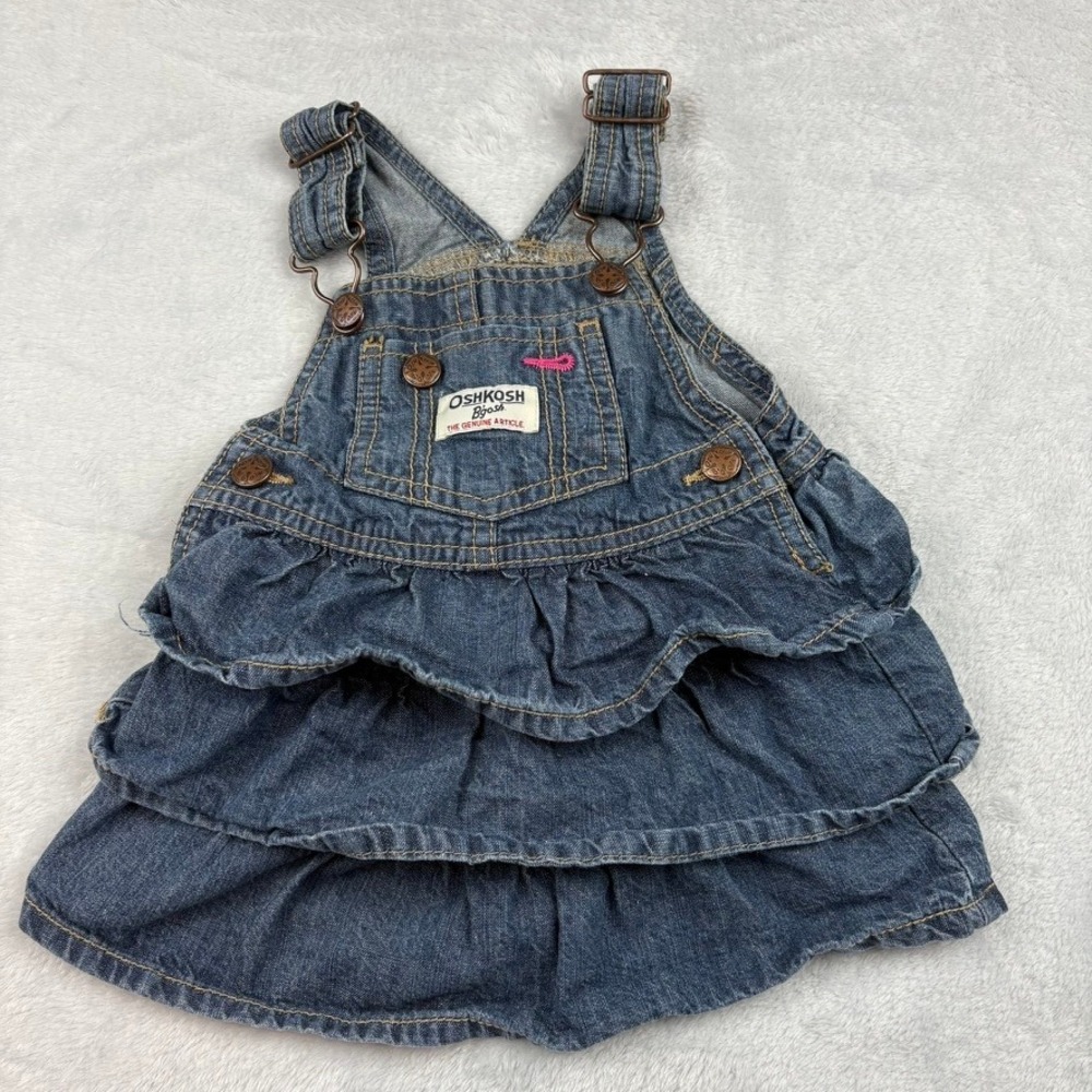 Vintage OshKosh Denim Overall Dress 9M Vestbak Ruffle‎ Tiered Skirt Baby